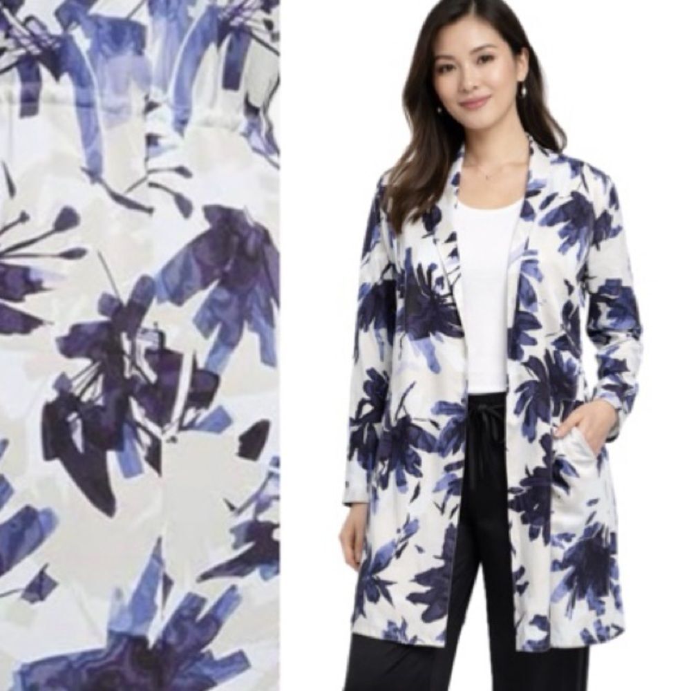 Nic + Zoe Inky Flowers Satin Crepe Long Jacket Size Small Blue Floral Duster